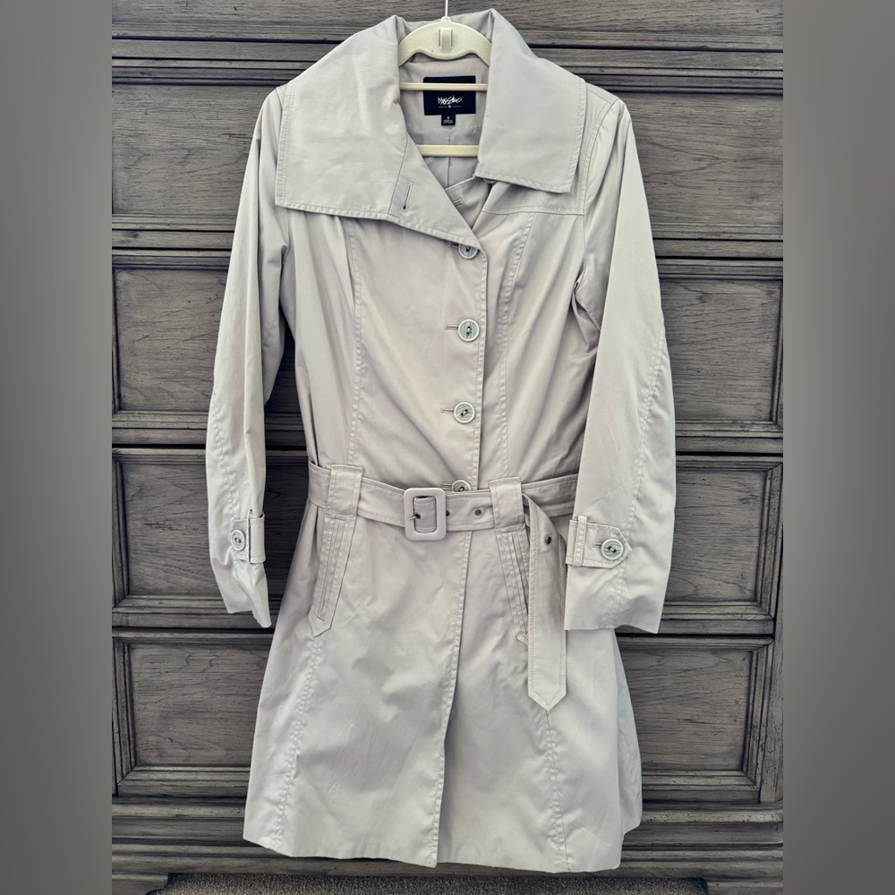 Gray Trench Coat Belted Tan Silver Nylon Rain Jacket Windbreaker Long